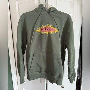 Volcom Olive Green Pullover Hoodie with Yellow & Pink Sun Logo